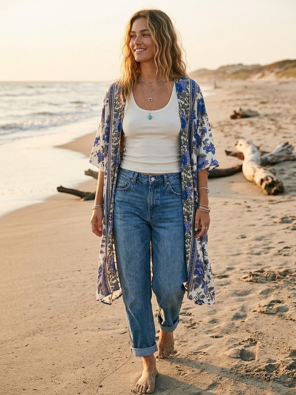 Angie Blue & Purple Boho Floral Kimono Cover-Up